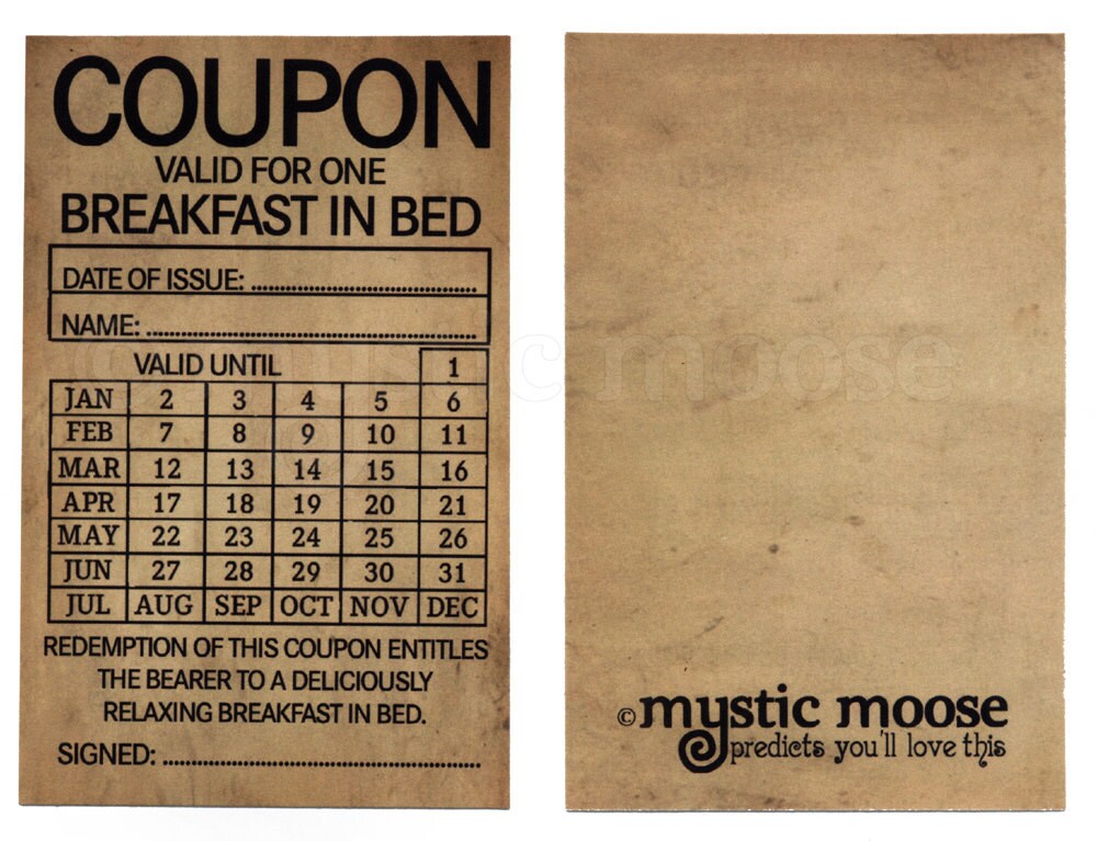 Coupons Breakfast in Bed / Romantic Dinner