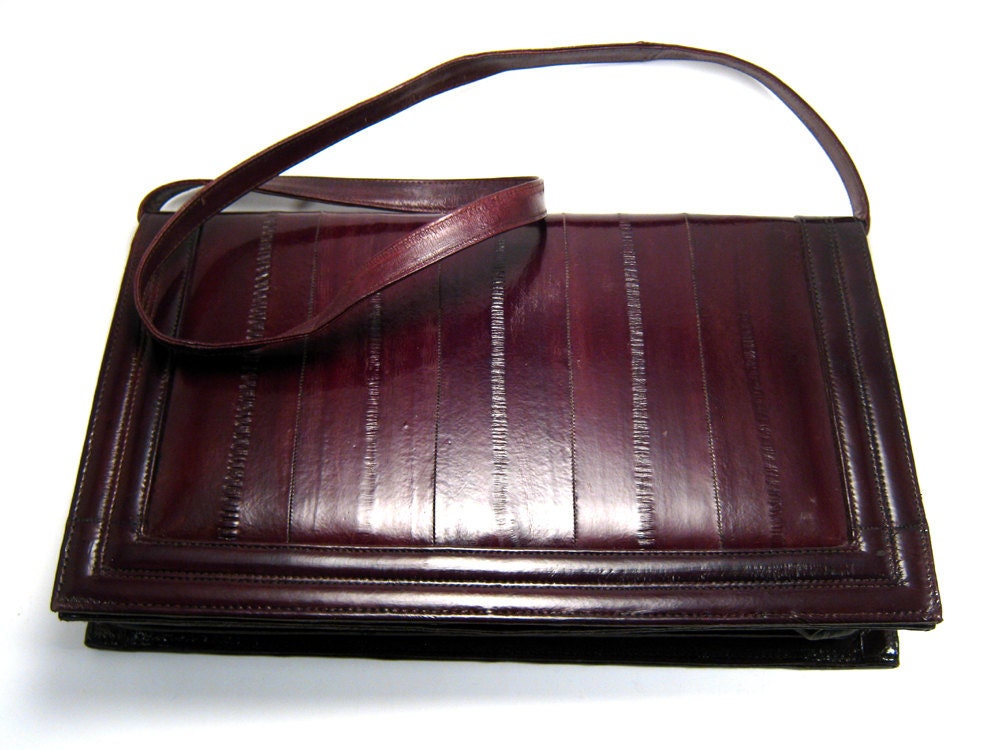 Eel skin clutch brown leather shoulder bag vintage from 80s