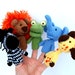 5 finger puppet, crocheted lion, giraffe, elephant, zebra, crocodile amigurumi safari toys, play fables, orange yellow brown