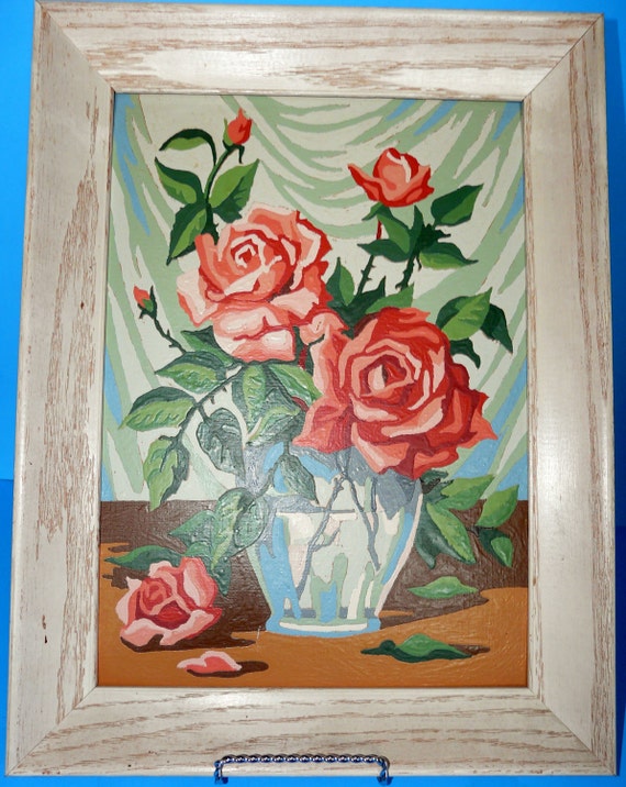 Vintage 1950s Framed Paint By Numbers Roses 1 in set of 2