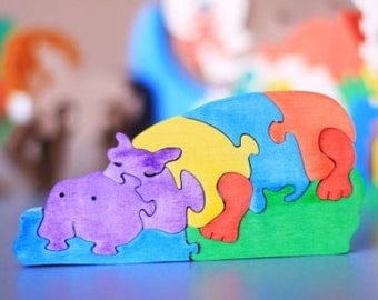 Hippo puzzle. Wooden toys, wooden animal puzzle, eco friendly handmade toys for babies, children