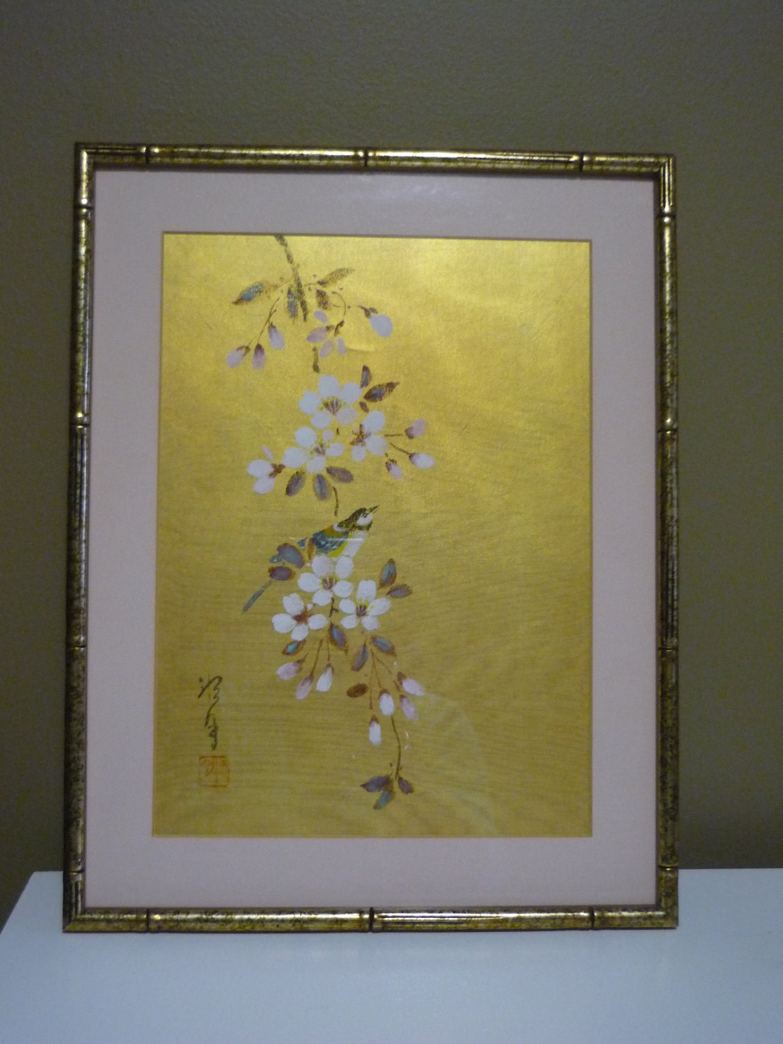 Vintage Japanese Silk Print Floral Framed Art Cherry by bellaroni