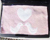 Laptop Computer Screen Keyboard Protector Mat made of Soft Pink Felt and White Felt Hearts and Love Birds Embroidered Aplliques