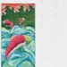 Reserved for Cuyler, Salmon Pink Fish Art, Swimming in Blue River, Evergreens, Coral Sky, Whimsical Mixed Media Collage Painting