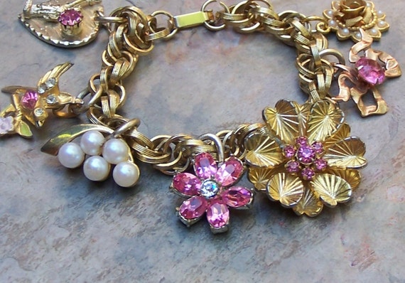 Vintage Bridal Pink Pearl Grape Flower Bracelet, Artisan Upcycled Jewelry