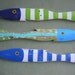 Three Hand Painted Fish Blues Green Aqua Art Reclaimed Wood Beach Cottage Cabin Decor
