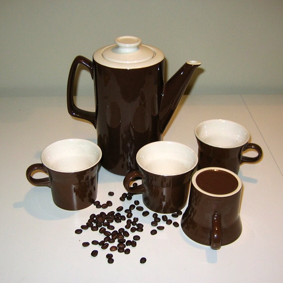 Large 1970s Brown Ceramic Coffee Pot with Four Mugs