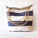 Tote bag - Beach bag. Nautical theme. Navy blue and white stripes. Water resistent. Rope handles