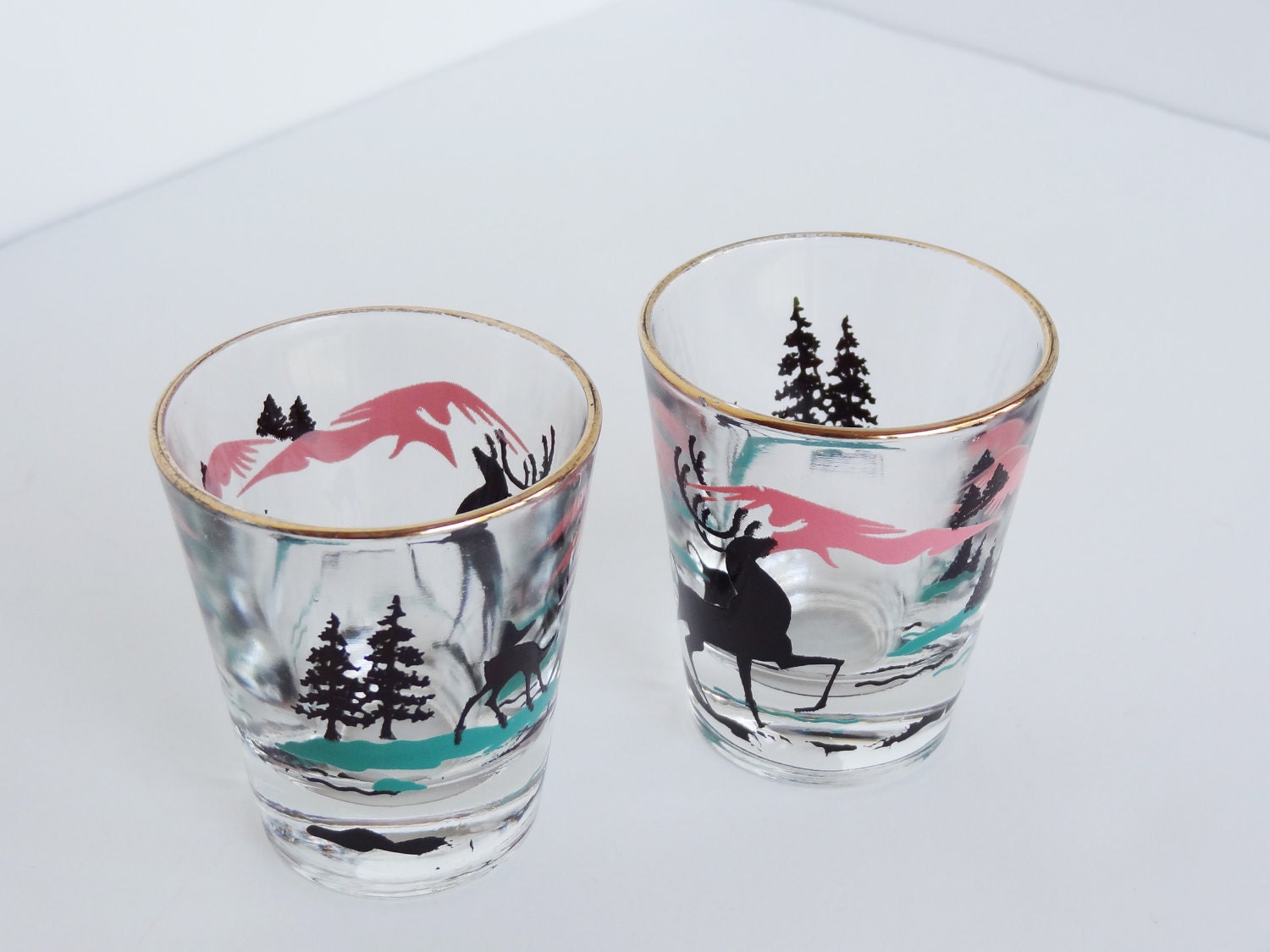 vintage deer shot glasses turquoise and pink