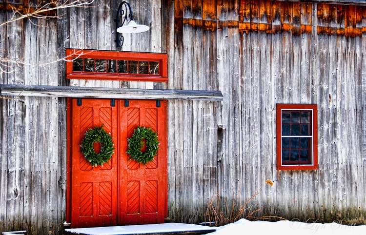 Red Barn Doors Landscape Christmas Print by 