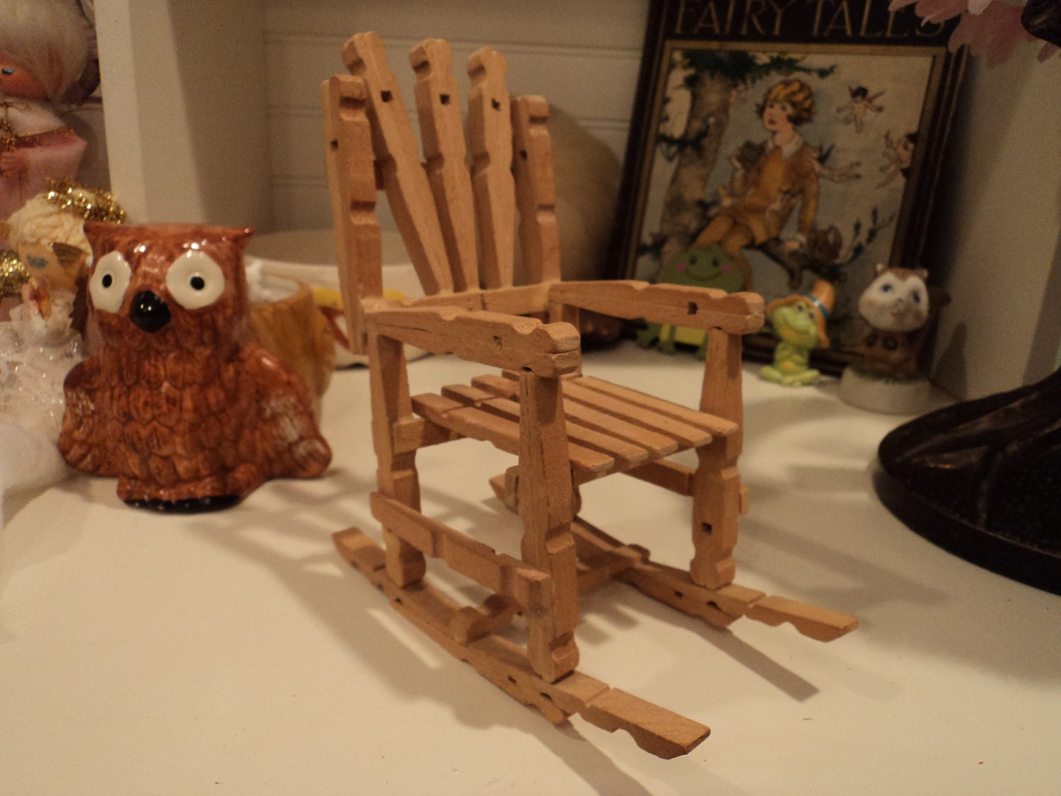 Vintage Handmade Wood Clothespin Rocking Doll Chair
