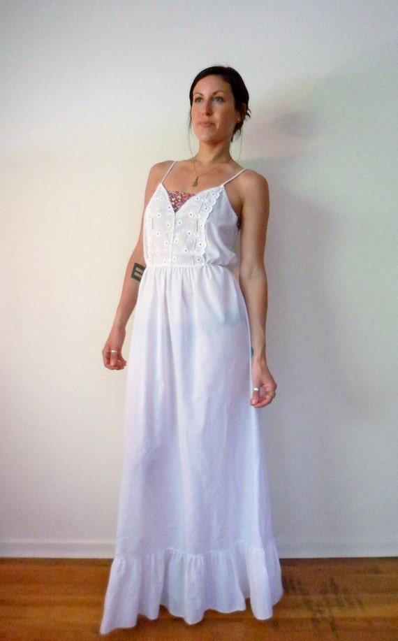 White Semi Sheer Eyelet Maxi Nightgown Dress