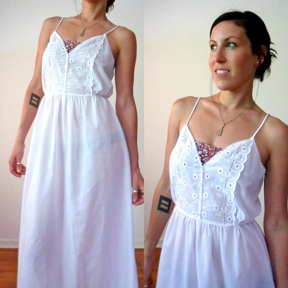 White Semi Sheer Eyelet Maxi Nightgown Dress