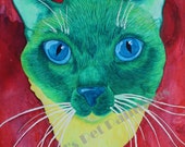 Green Siamese Cat With Blue Eyes Limited Edition 8x10 or 11x14 Giclee Cat Art Print of Watercolor Painting , Siamese  Kitty , Cat Artwork