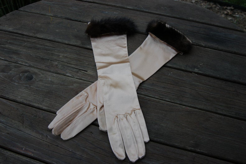 Vintage Champagne Satin Gloves Trimmed in Mink by Kay Fuchs