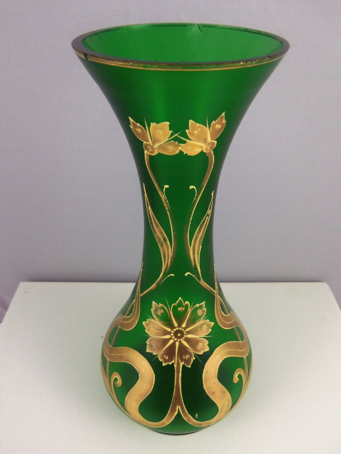 Green Satin Glass Vase with Gold Overlay by ArtNouveauGal on Etsy