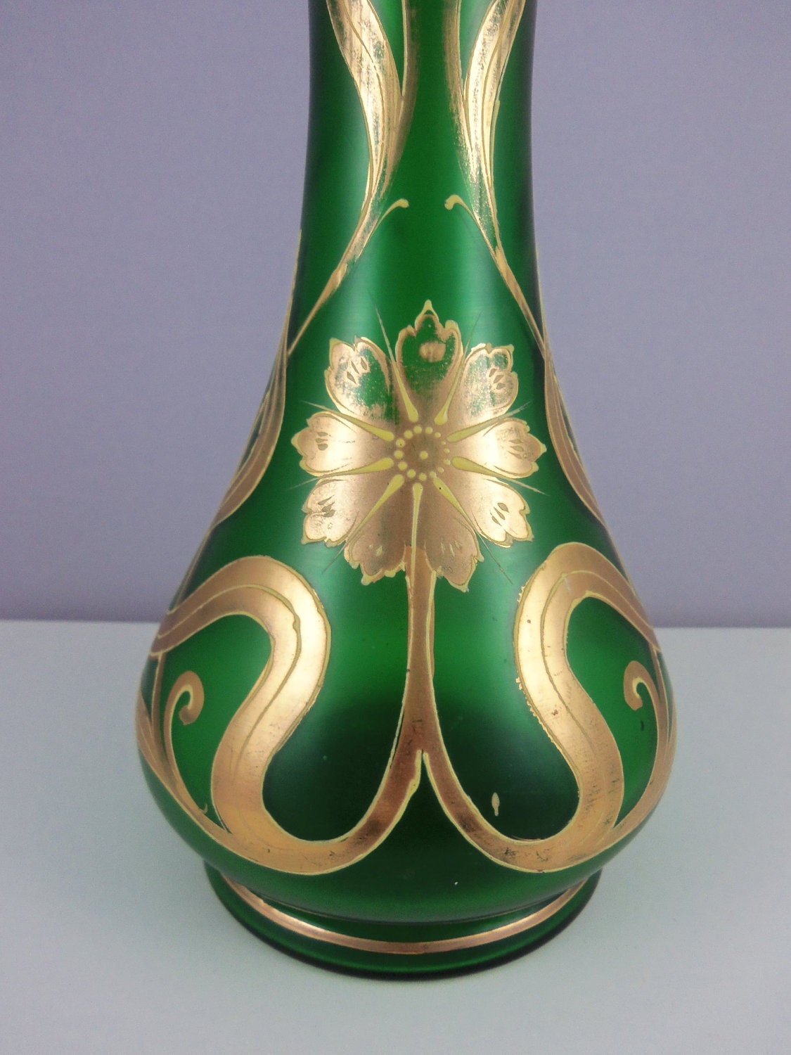 Green Satin Glass Vase with Gold Overlay by ArtNouveauGal on Etsy