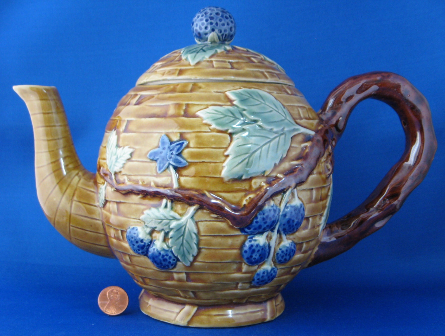 Large Teapot Basket Weave Colorful Blue Berries Majolica