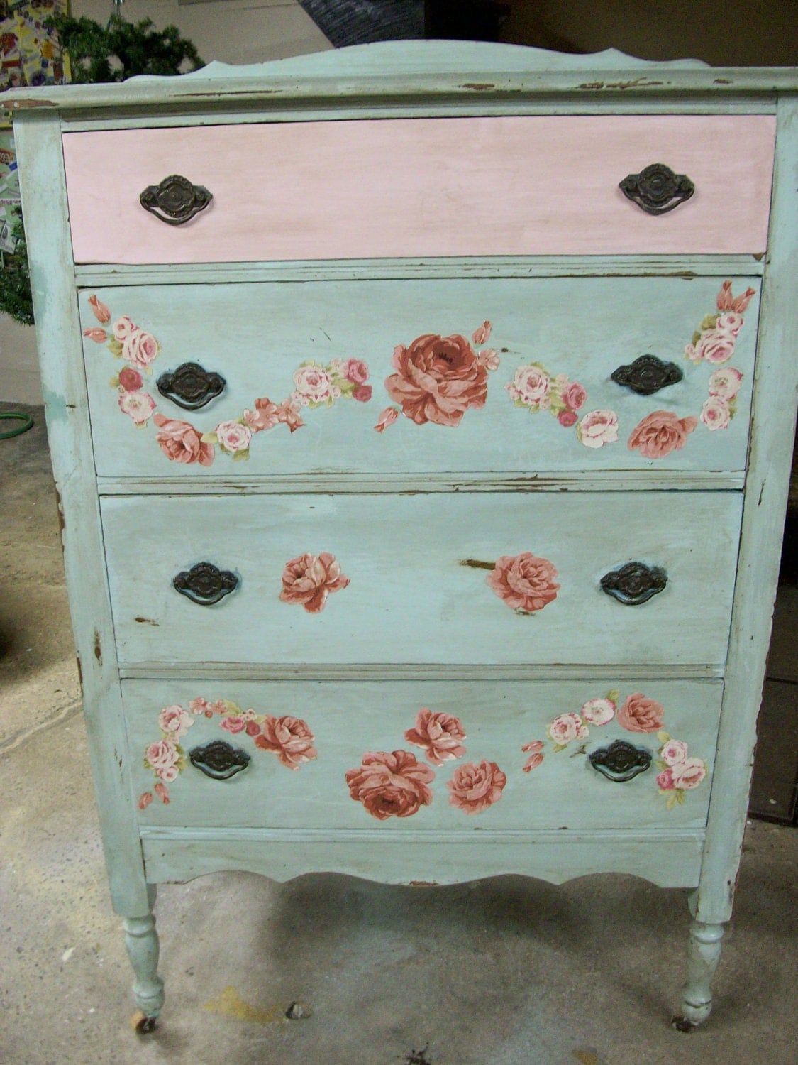 decoupage drawers Four Pink Aqua Shabby Shabby Drawer Decoupage Vintage Rose