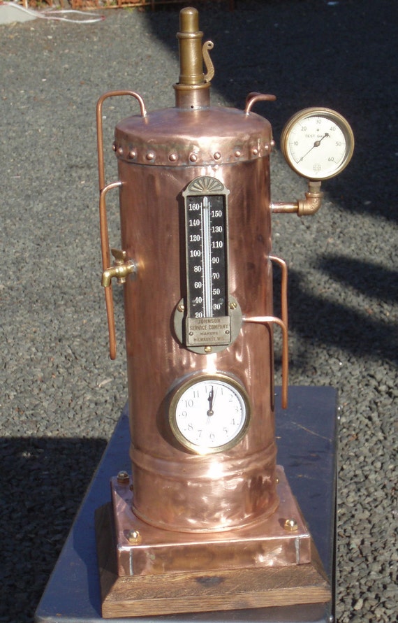 Industrial Copper Steam Boiler Clock and Thermometer