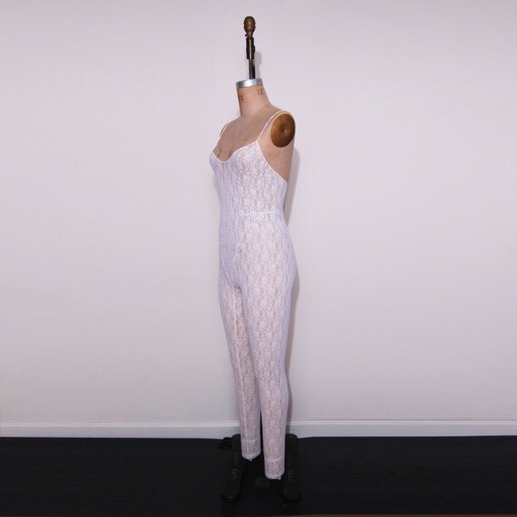 Vintage 1950s white lace bodysuit. Lingerie unitard onesie.