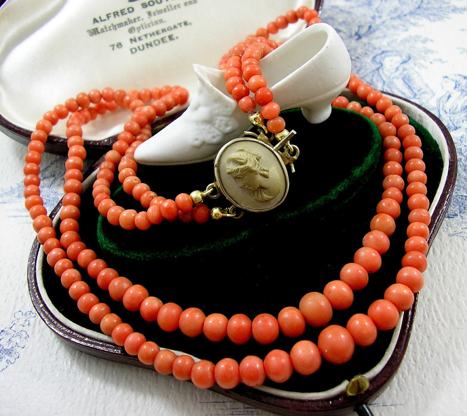 Antique Victorian Coral Necklace Beads Italian Lava Clasp