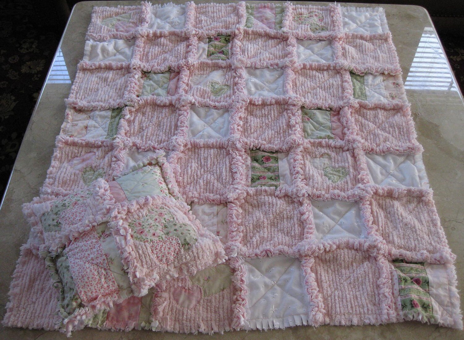 SHABBY CHENILLE Heart Applique Rag Quilt Kit Pink Roses