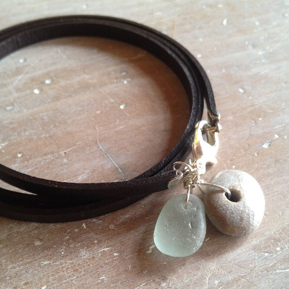 Beachy Ankle Bracelet beach glass beach stone and leather