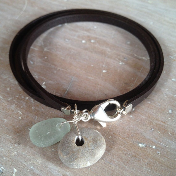 Beachy Ankle Bracelet beach glass beach stone and leather