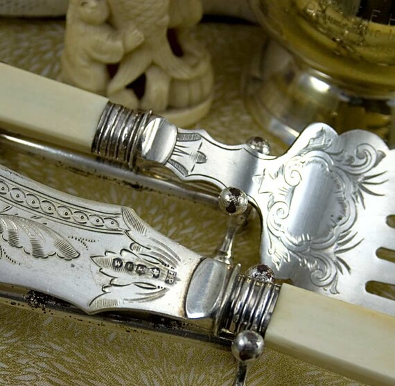 English Ornate Engraved Serving Knife and Fork Silver Plate