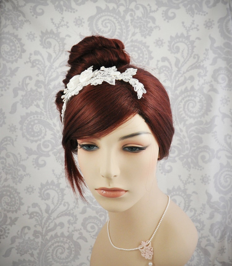 Ivory Lace Bridal Headband White Lace by Januaryroseboutique