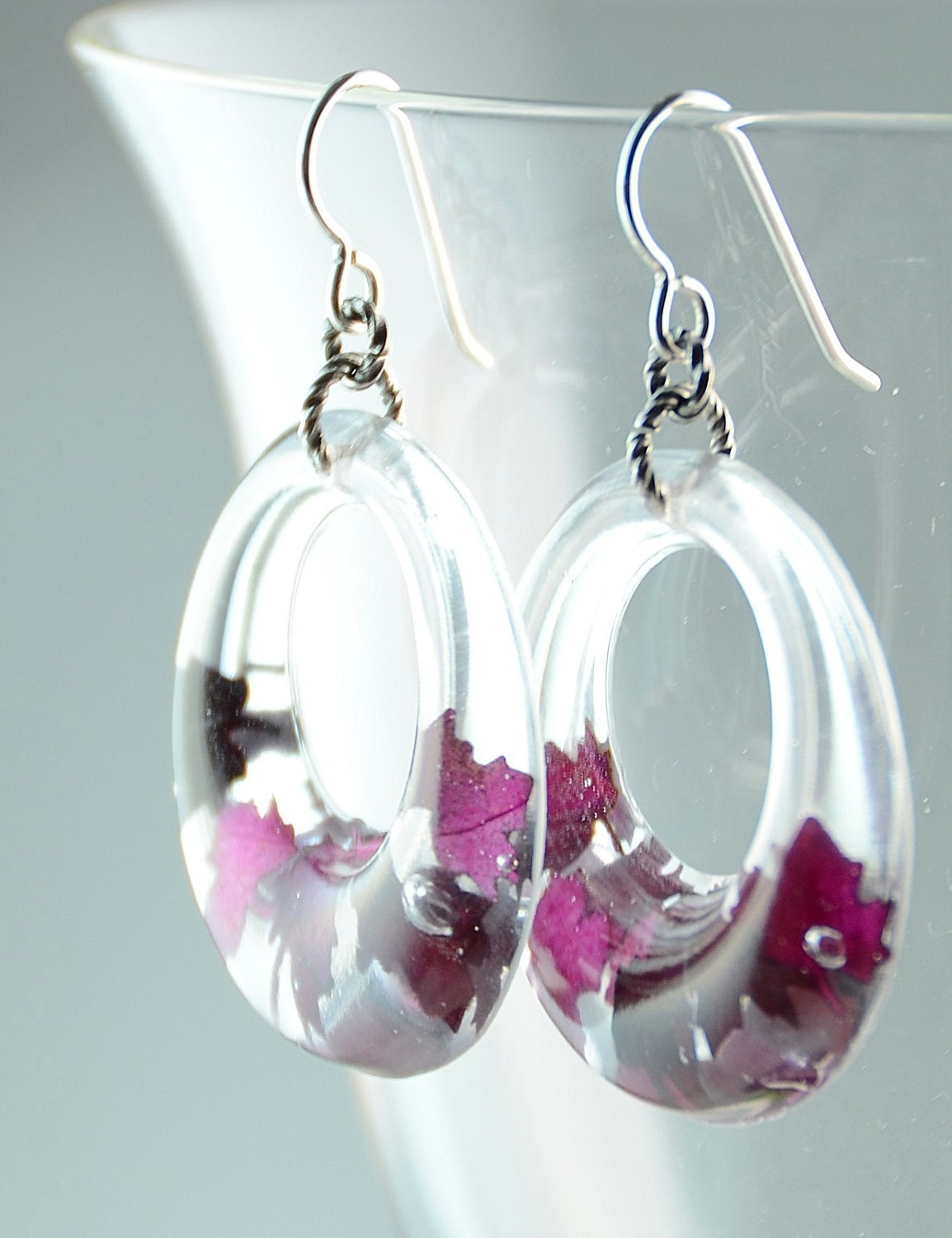 Resin Earrings with Red Rose Petals. Resin hoops Nature