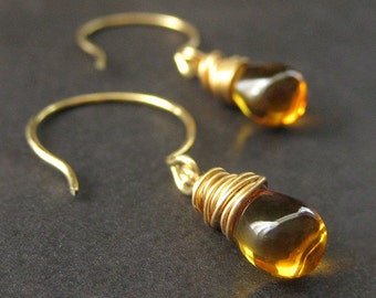14K GOLD Teardrop Earrings - Honey Amber Wire Wrapped Earrings. Handmade Jewelry.