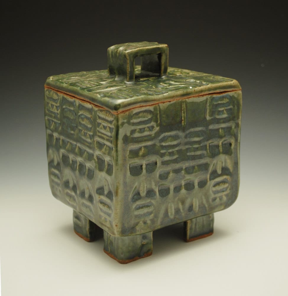 Green Lidded Ceramic Box, Primitive Face Texture, Stoneware Box, Pottery Box, Pottery Jar