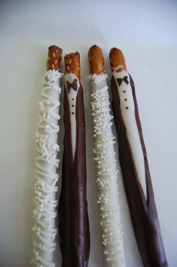 BRIDE and GROOM chocolate covered PRETZEL rods wedding favors