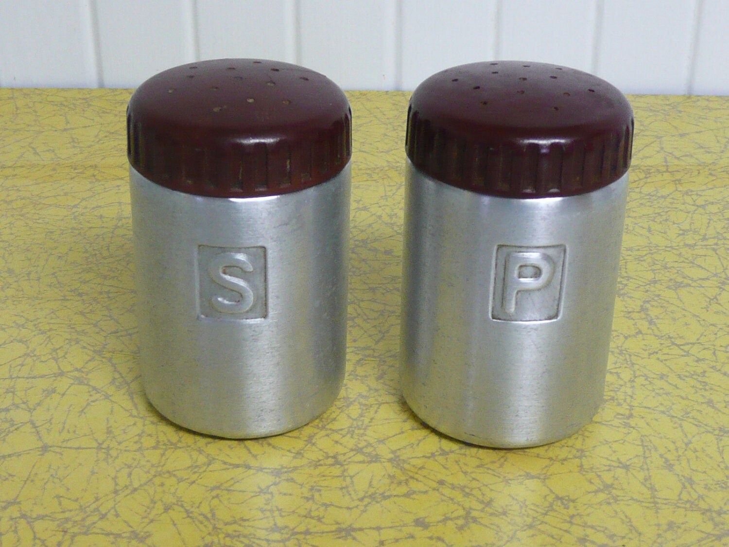 1960s Aluminum Salt and Pepper Shakers Bakelite Tops Reed