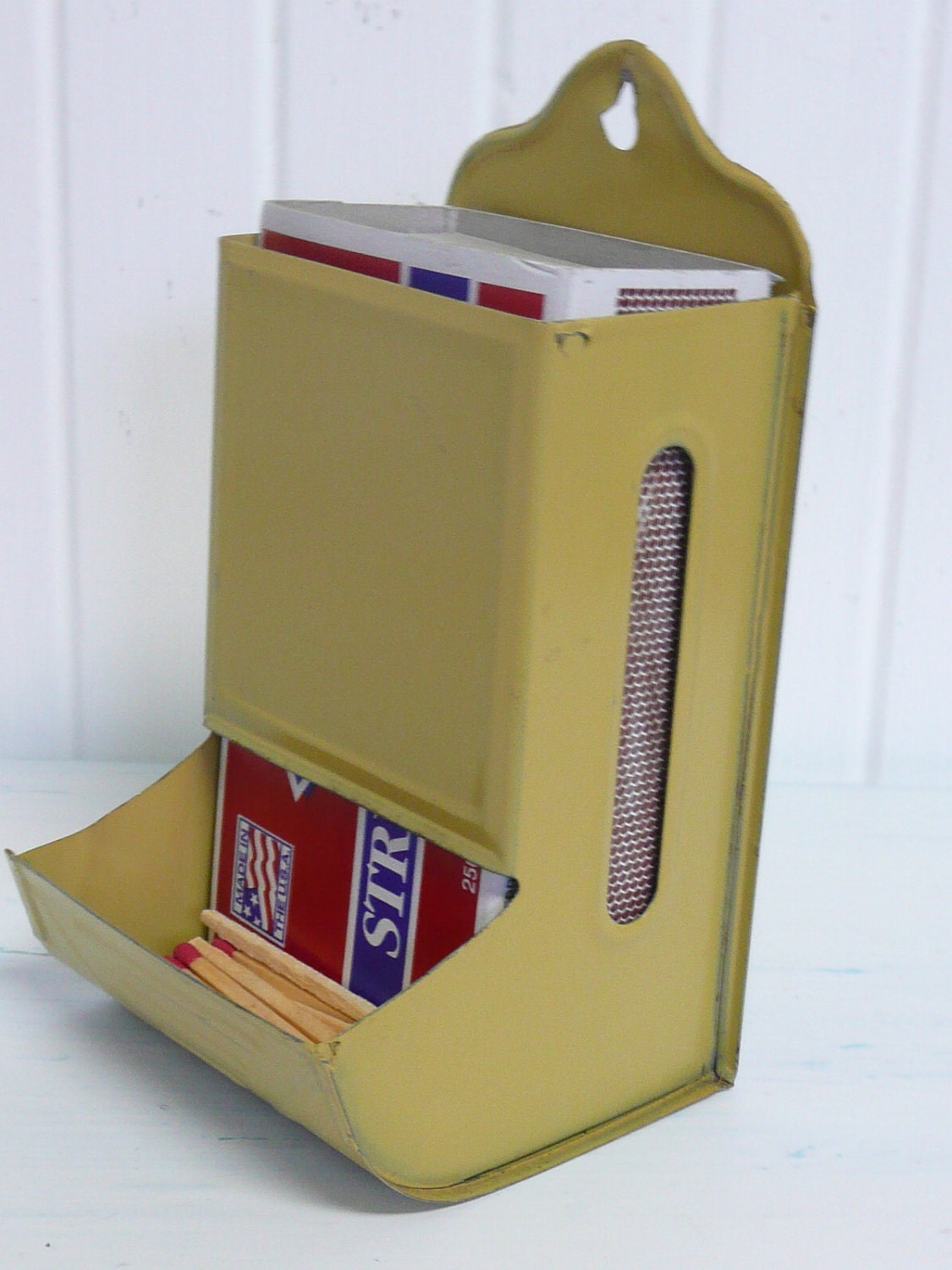 Vintage Yellow Tin Metal Match Box Holder Vintage Travel