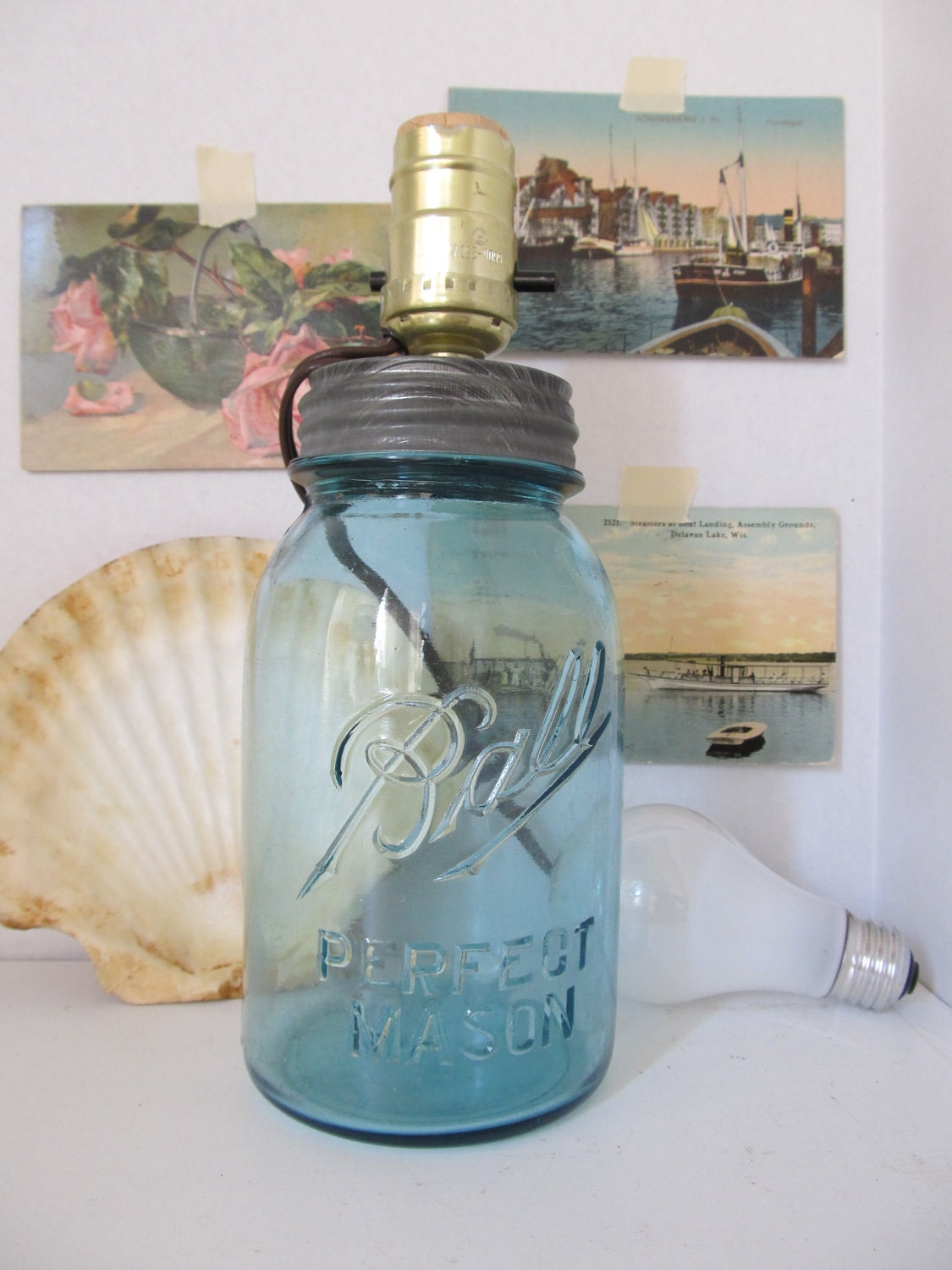 Blue Mason jar lamp.