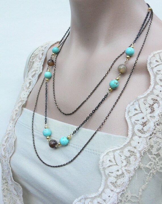 Brown Onyx necklace Turquoise and Onyx gemstone necklace