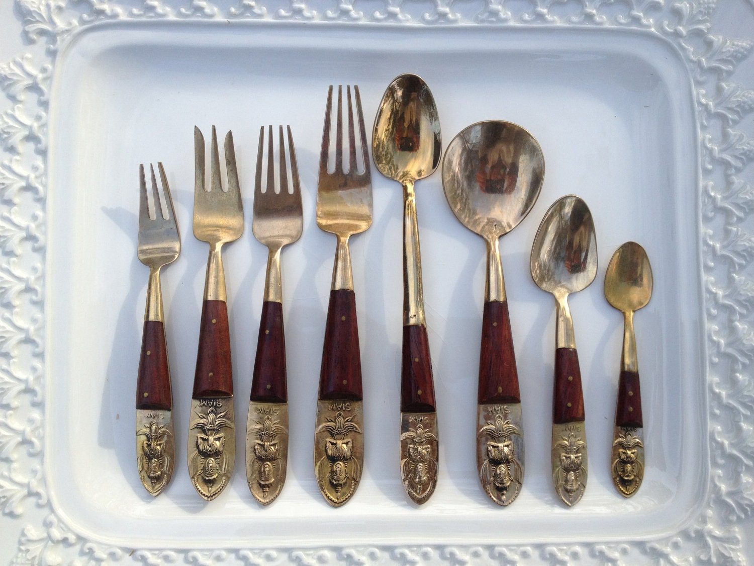 Siam Flatware Brass Teak Thailand 140 Piece Set w Case