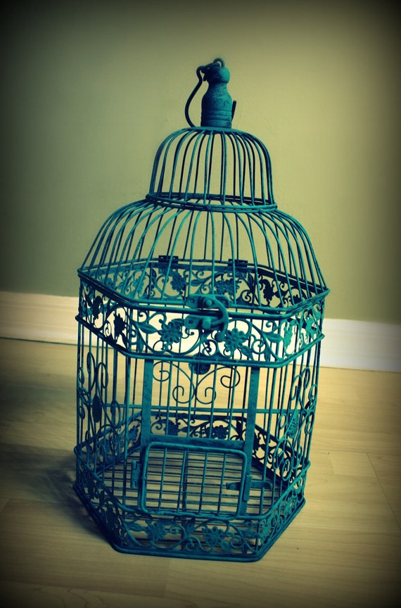 Turquoise Bird Cage Decorative Piece or Wedding Card Holder