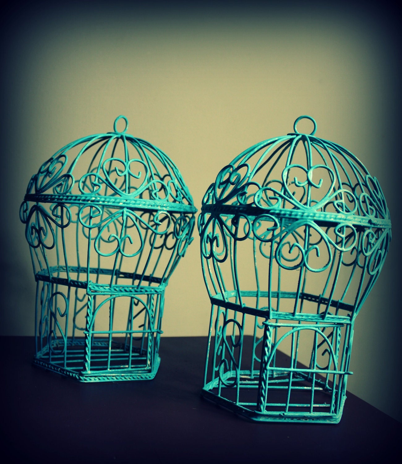 Vintage Turquoise Wood Bird Cage Set 11 tall x 24