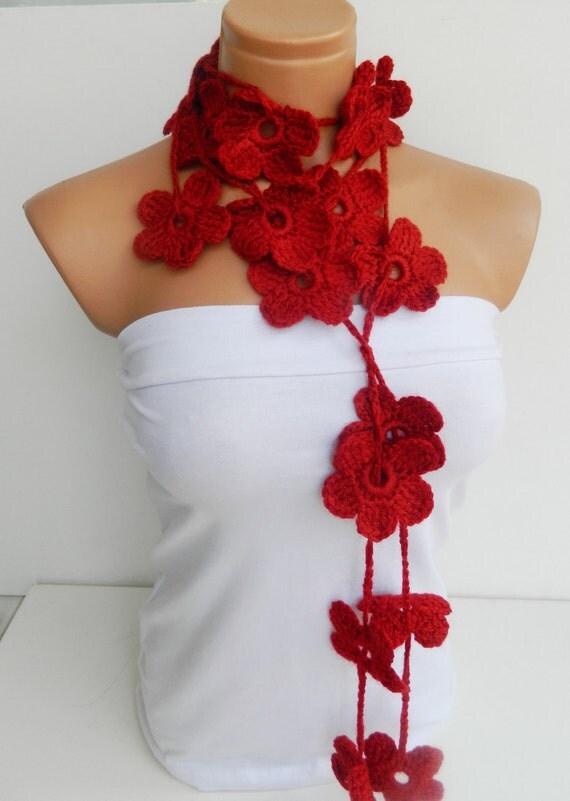 Hand made crochet Red Rubby Flower Lariat Scarf. Fashion