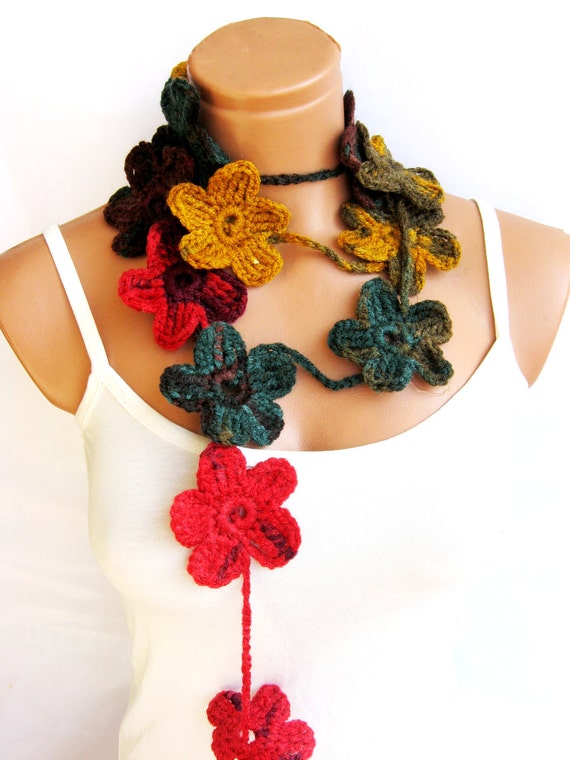 crochet multicolor Flower Lariat Scarf. Fashion by WomanStyleShop