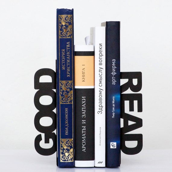 Modern  bookends - Good read - for home or public library, black, laser cut from metal thick enough to hold a bunch of books