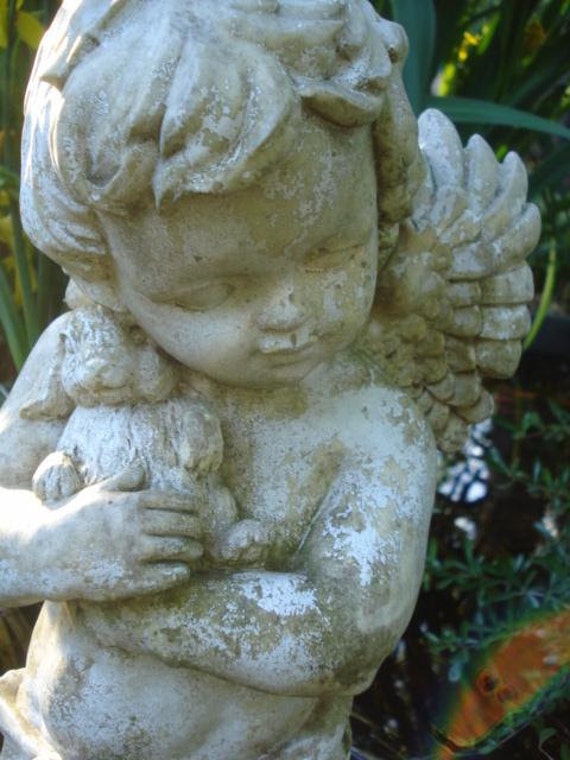 Large Vintage Winged Cherub Angel with Bunny Garden Statue