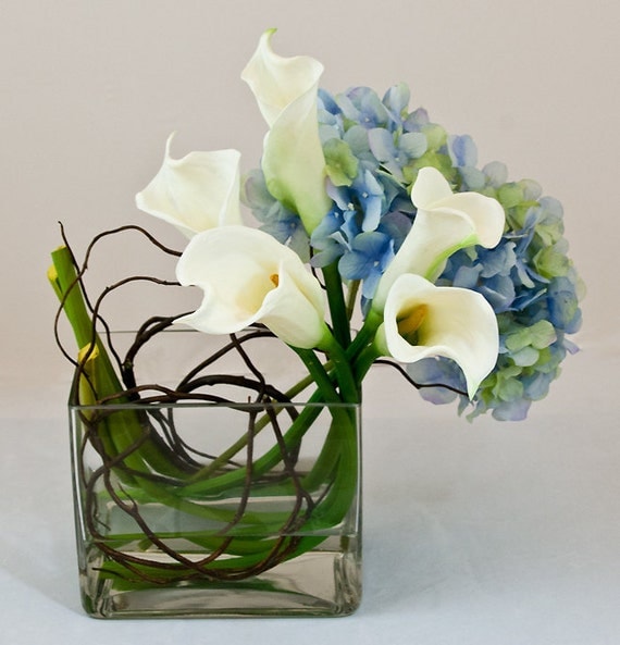 Real Touch White Calla Lily Hydrangea Arrangement in Rectangle