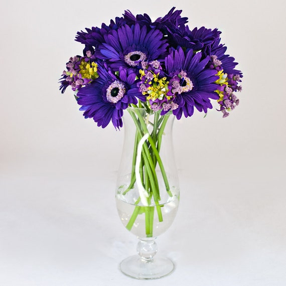 Silk Gerbera Daisy Purple Footed Glass Vase