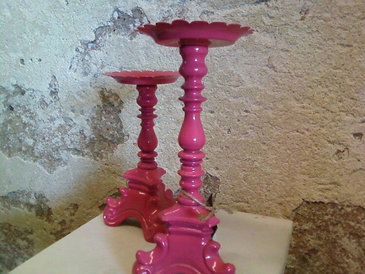 Hot Pink Candlesticks Pair by REbyheritage on Etsy