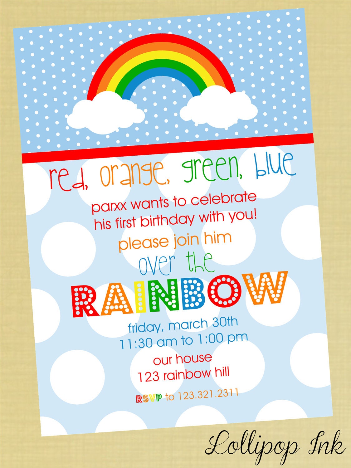 RAINBOW Boy Printable Birthday Invitation, Rainbow Personalized
